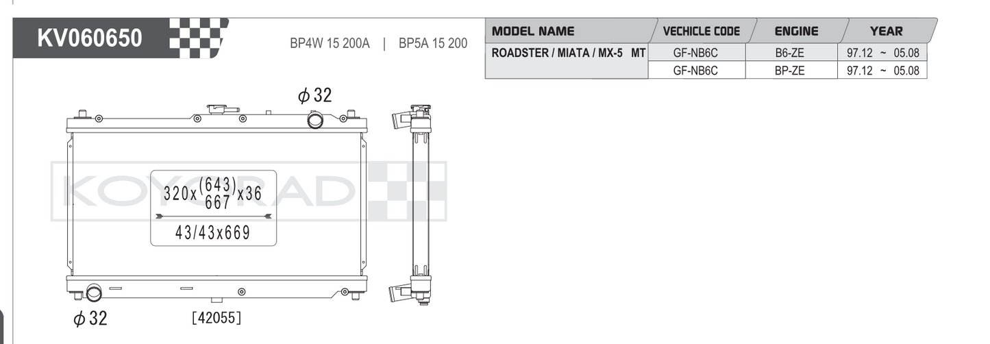 Koyo Performance Radiator Mazda MX-5 Miata NB 1.8L MT 1999-2005