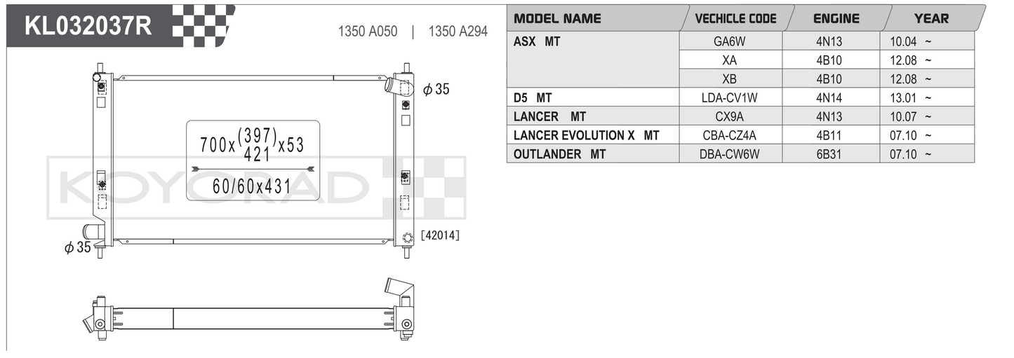 Koyorad KL032037R Performance Radiator - Mitsubishi ASX Lancer Evo X Outlander MT dimensions diagram