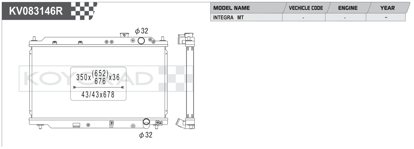 Koyorad KV083146R Performance Radiator - Honda Integra MT dimensions diagram