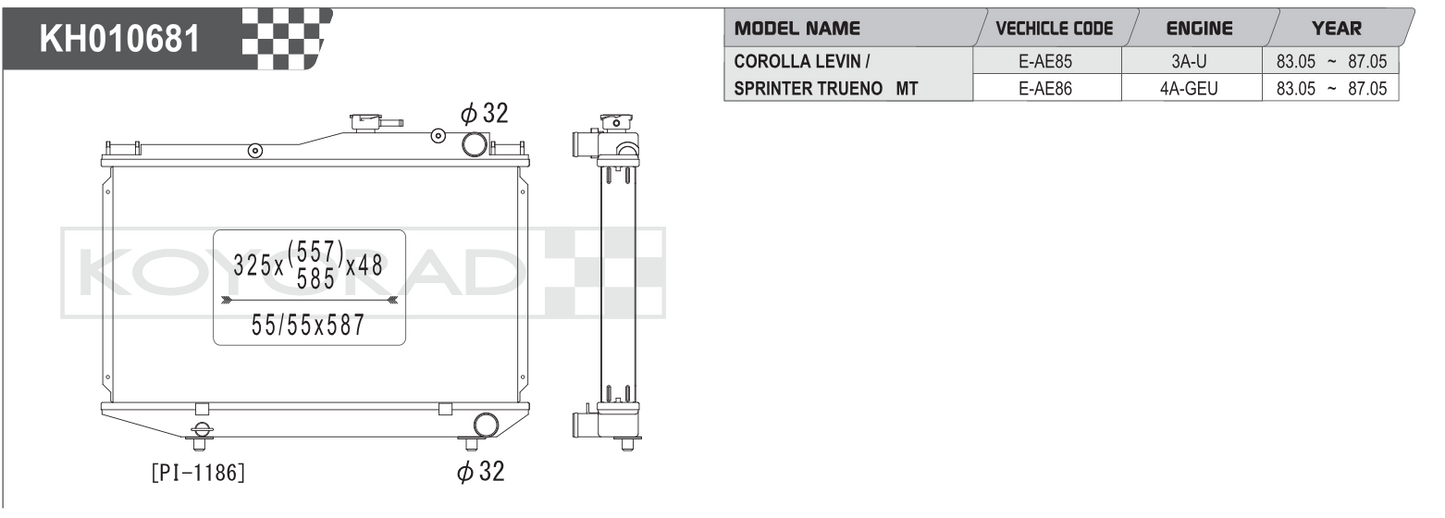 Koyo Performance Radiator Toyota Corolla Levin / Sprinter Trueno AE85/AE86 MT 1983-1987
