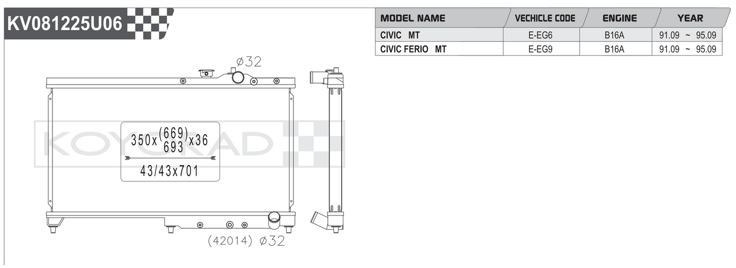 Koyorad KV081225U06 spec sheet — Honda Civic EG6 EG9 B16A MT