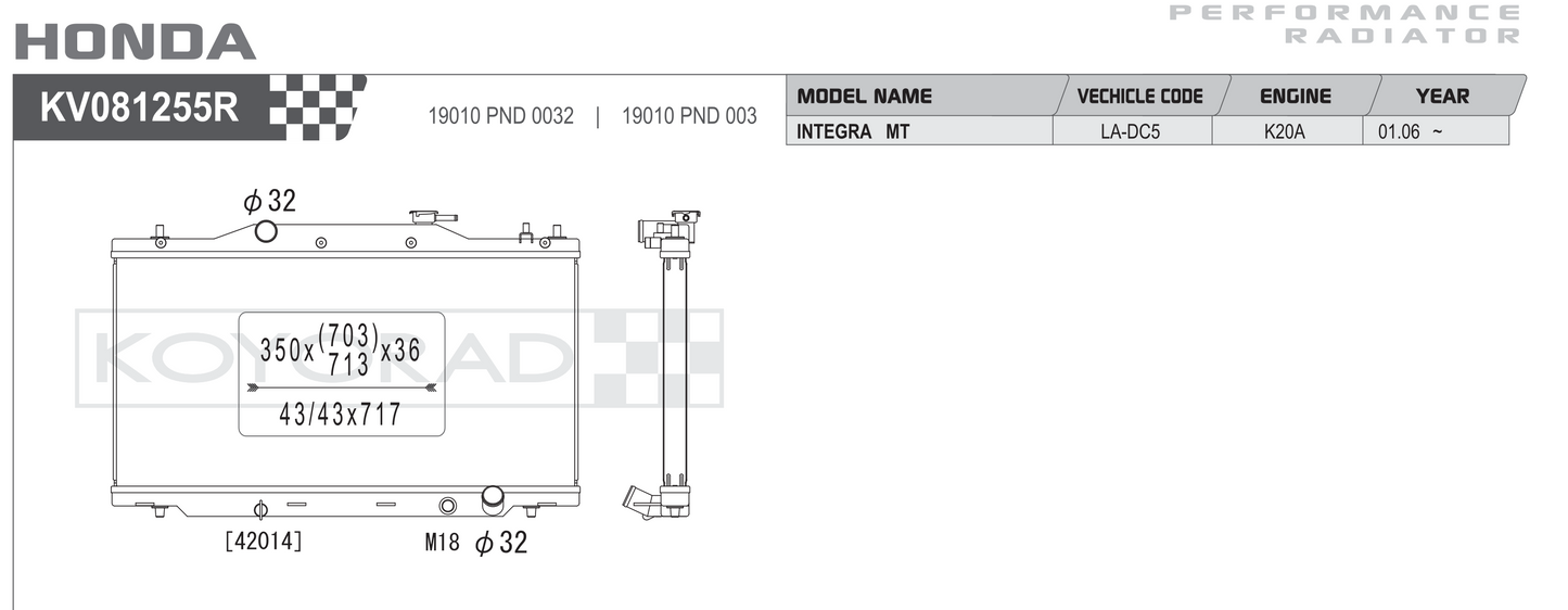 Koyorad KV081255R Performance Radiator - Honda Integra DC5 K20A MT dimensions diagram