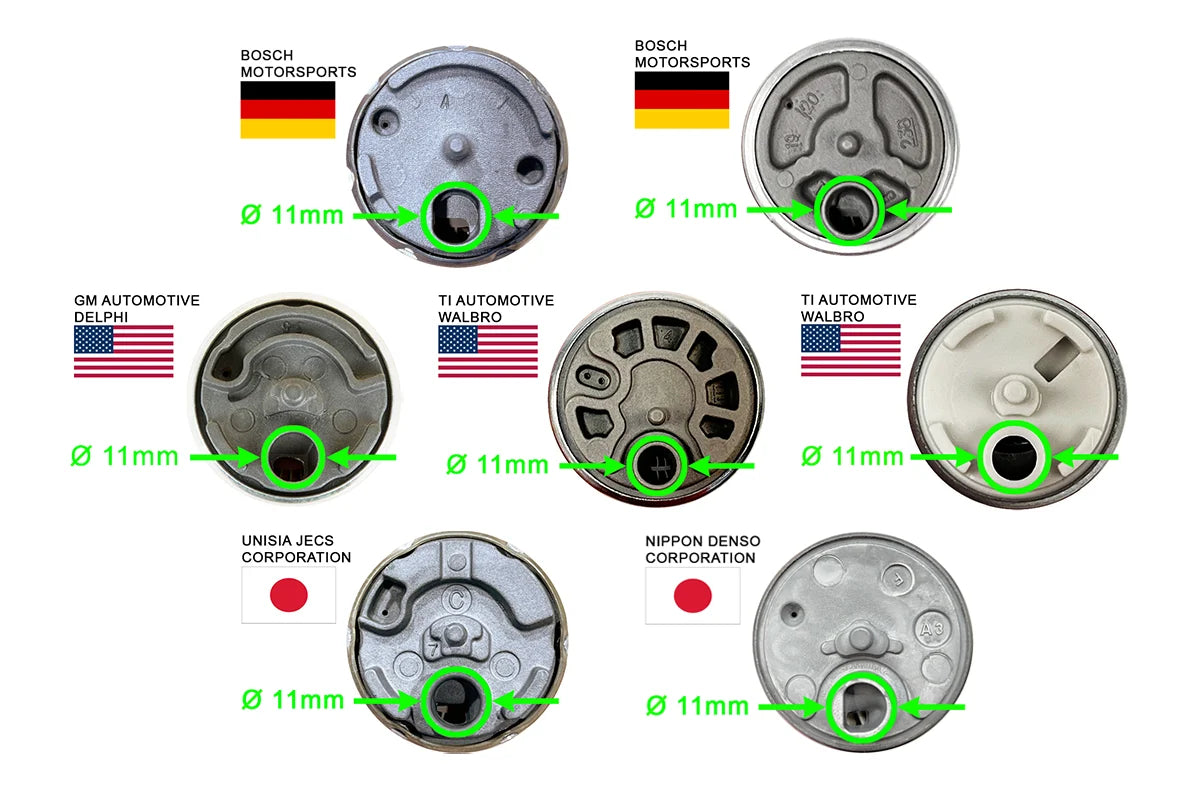 11mm OD inlet pumps – Bosch Motorsports, GM Delphi, Ti Automotive, Walbro, Denso