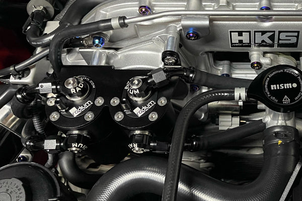 Radium 20-0566-FL dual CCV catch cans installed on R35 GT-R VR38DETT