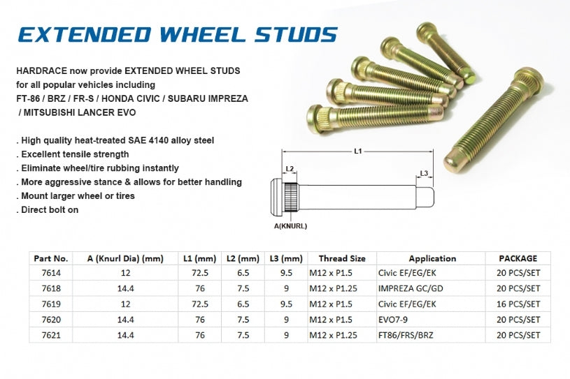 Hardrace extended wheel studs M12 x 1.5 Honda – view 2