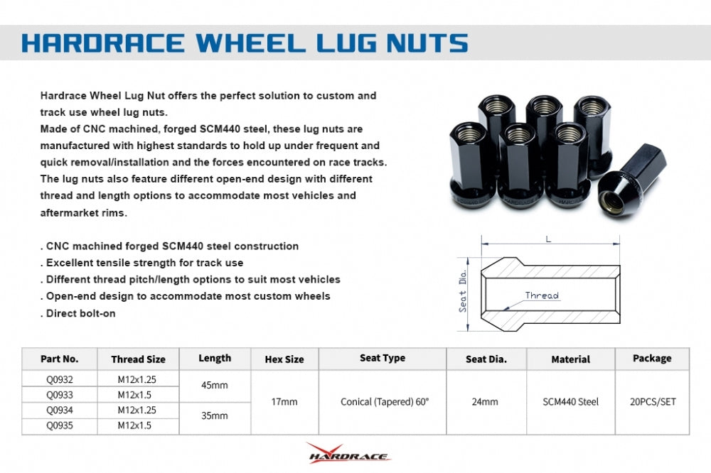 Hardrace SCM440 motorsport wheel nuts M12 x 1.5 45mm open end – view 2