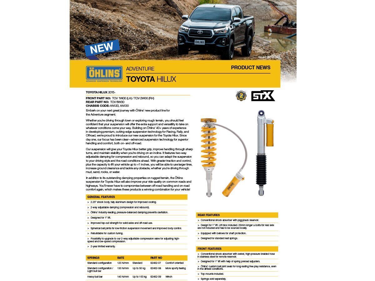 Ohlins Adventure 2 Way adjustable shocks Toyota Hilux 2015-22 AN120/AN130