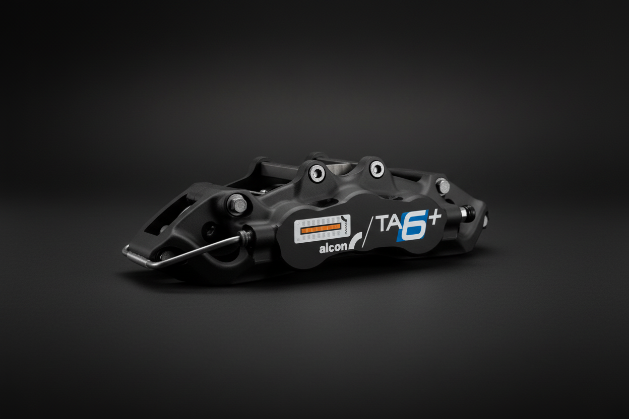 Alcon TA6+ caliper dark background editorial