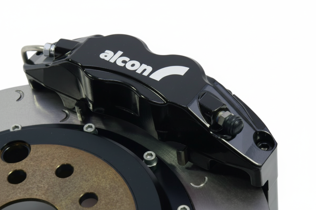 Black Alcon brake caliper on rotor