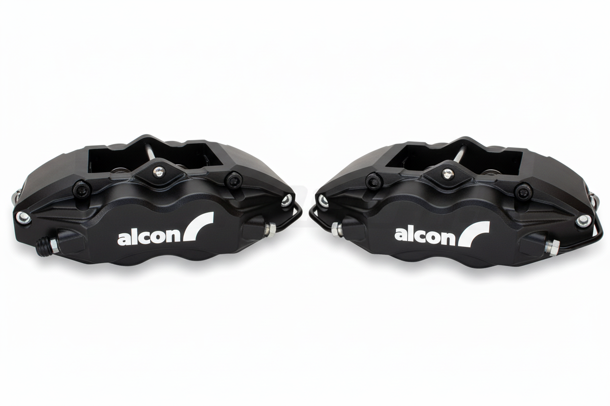 Black Alcon brake calipers with white logo