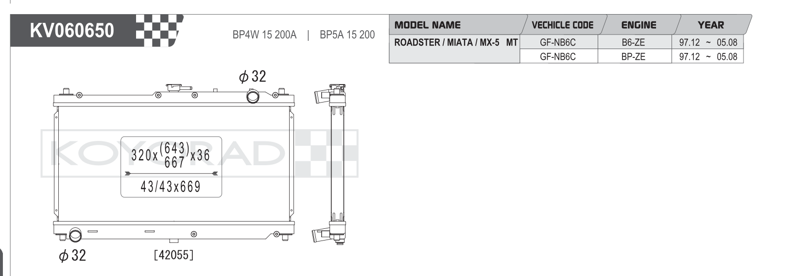 Koyo Performance Radiator Mazda MX-5 Miata NB 1.8L MT 1999-2005