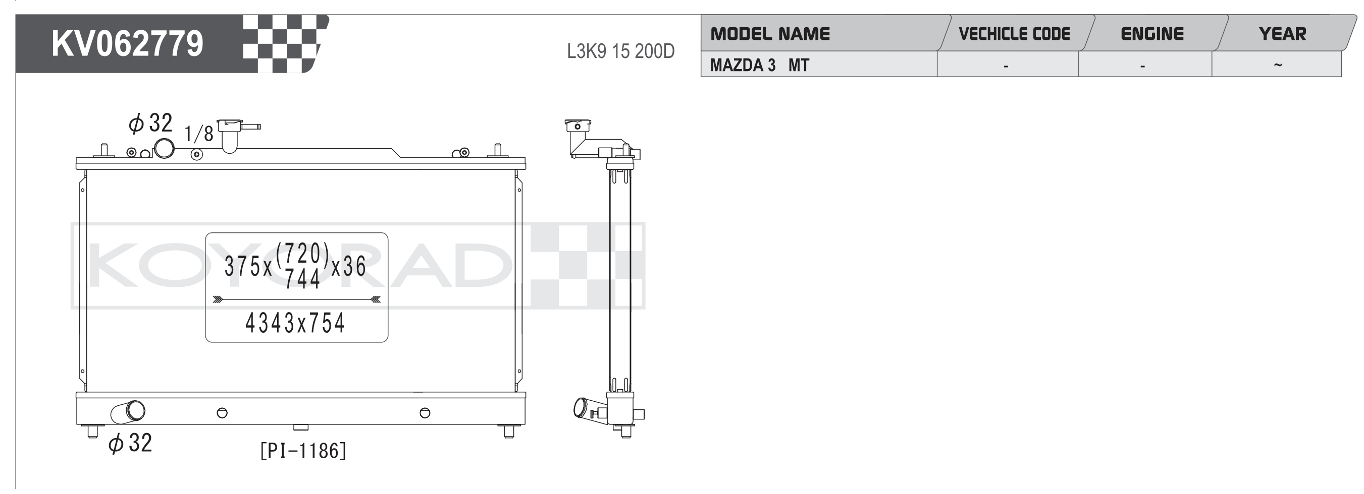 Koyorad KV062779 spec sheet — Mazda 6 / Mazda 3 MT L3K9 15 200D