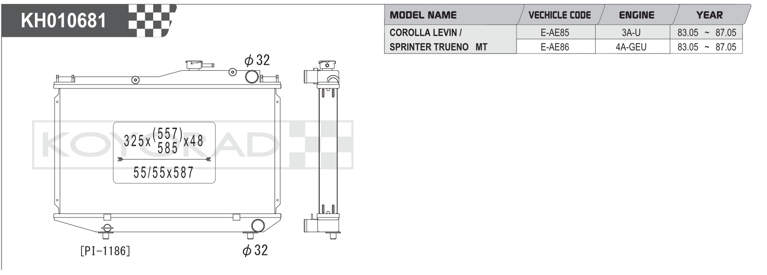 Koyo Performance Radiator Toyota Corolla Levin / Sprinter Trueno AE85/AE86 MT 1983-1987