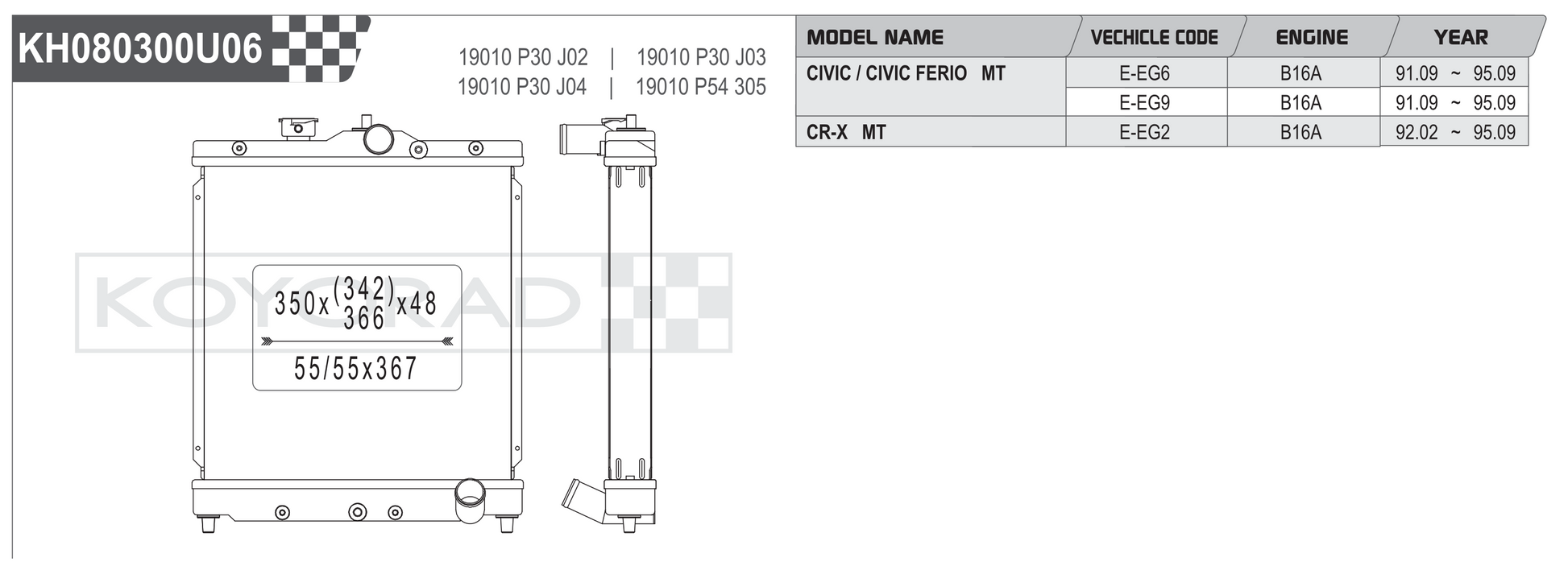 Koyorad KH080300U06 Performance Radiator - Honda Civic EG CR-X B16A MT dimensions diagram