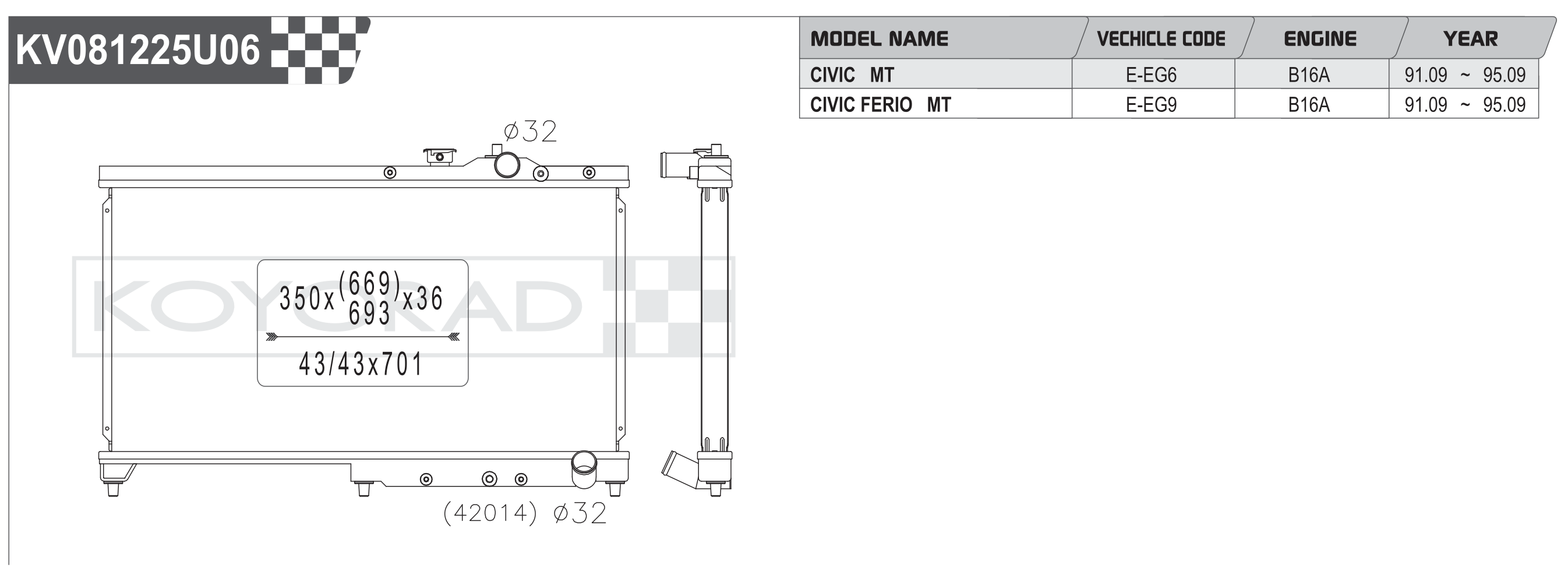 Koyorad KV081225U06 spec sheet — Honda Civic EG6 EG9 B16A MT