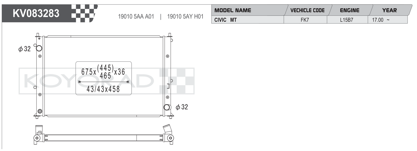 Koyorad KV083283 Performance Radiator - Honda Civic FK7 L15B7 MT dimensions diagram