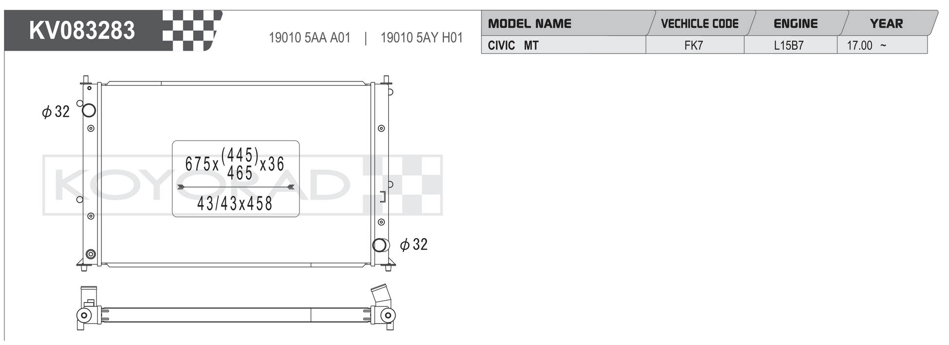 Koyorad KV083283 Performance Radiator - Honda Civic FK7 L15B7 MT dimensions diagram