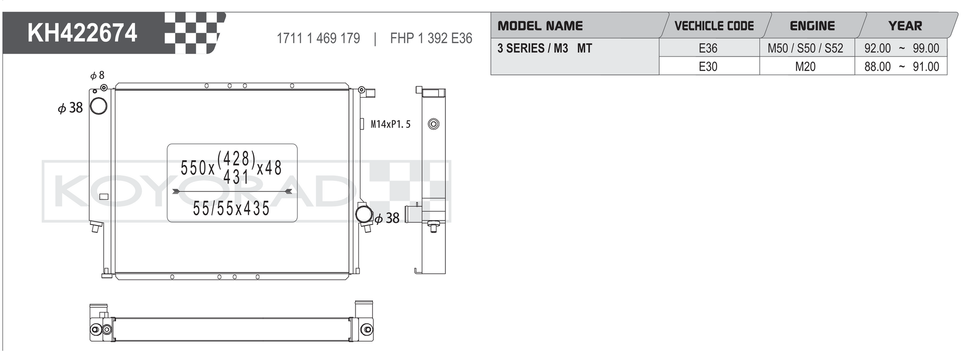 Koyorad KH422674 radiator spec sheet — BMW 3 Series / M3 E36 E30
