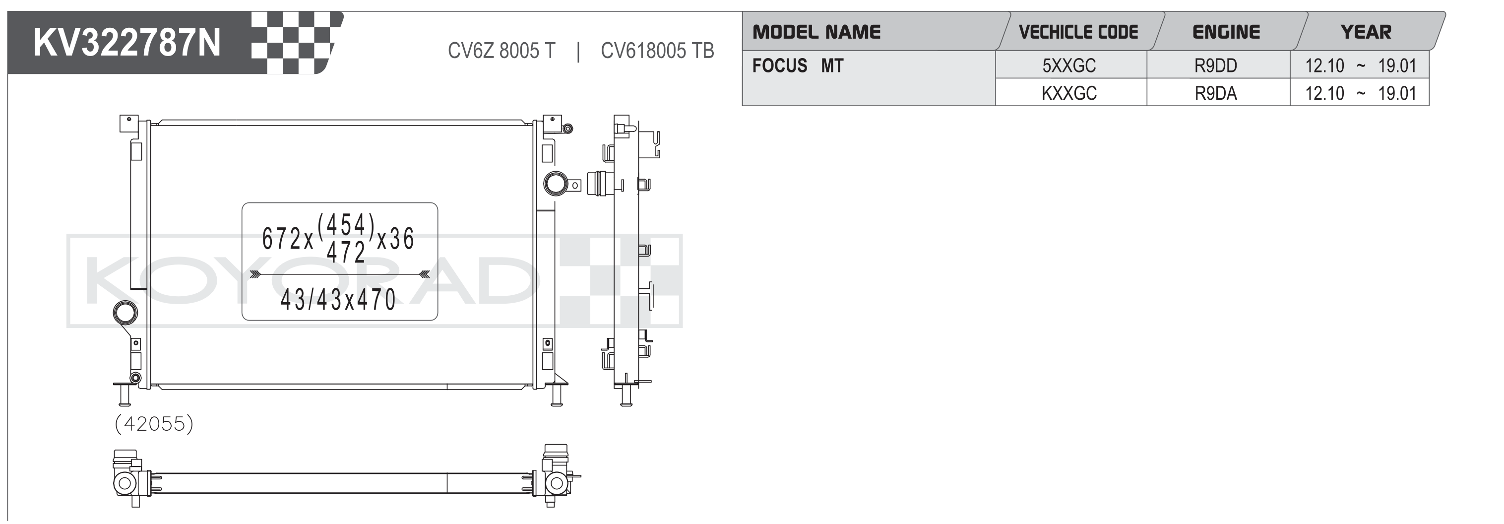 Koyorad KV322787N Performance Radiator - Ford Focus MT 5XXGC KXXGC dimensions diagram