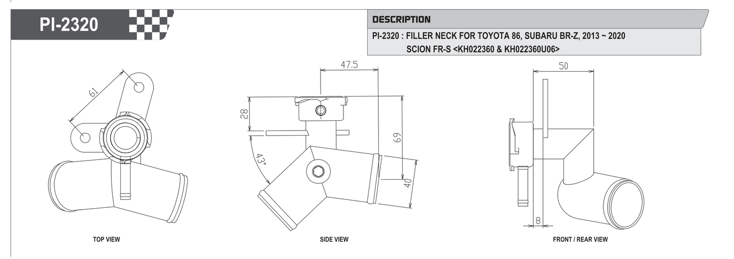 Koyo Racing PI-2320 filler neck spec sheet — dimensions and fitment for Toyota 86, Subaru BRZ, Scion FR-S