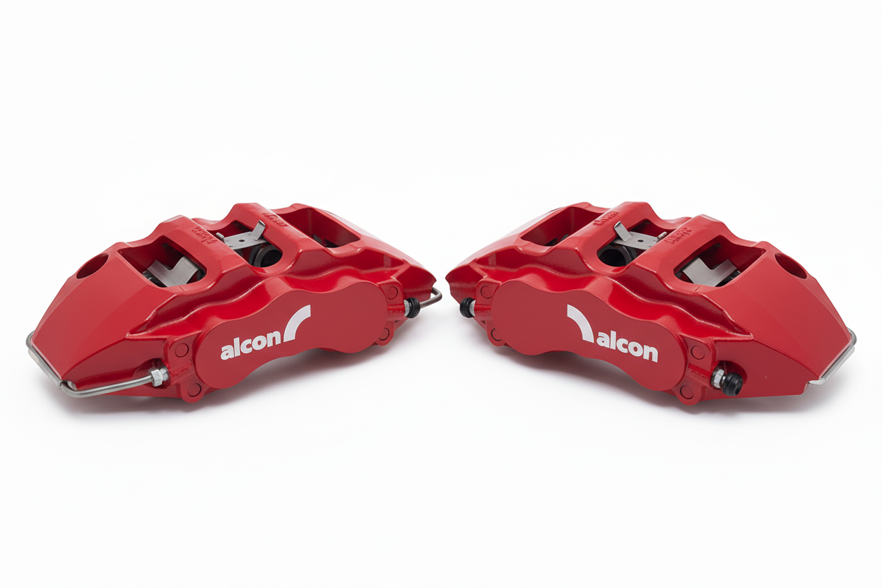 Red Alcon brake calipers pair with complete logos