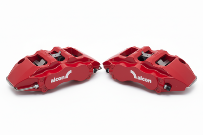 Red Alcon brake calipers pair with complete logos